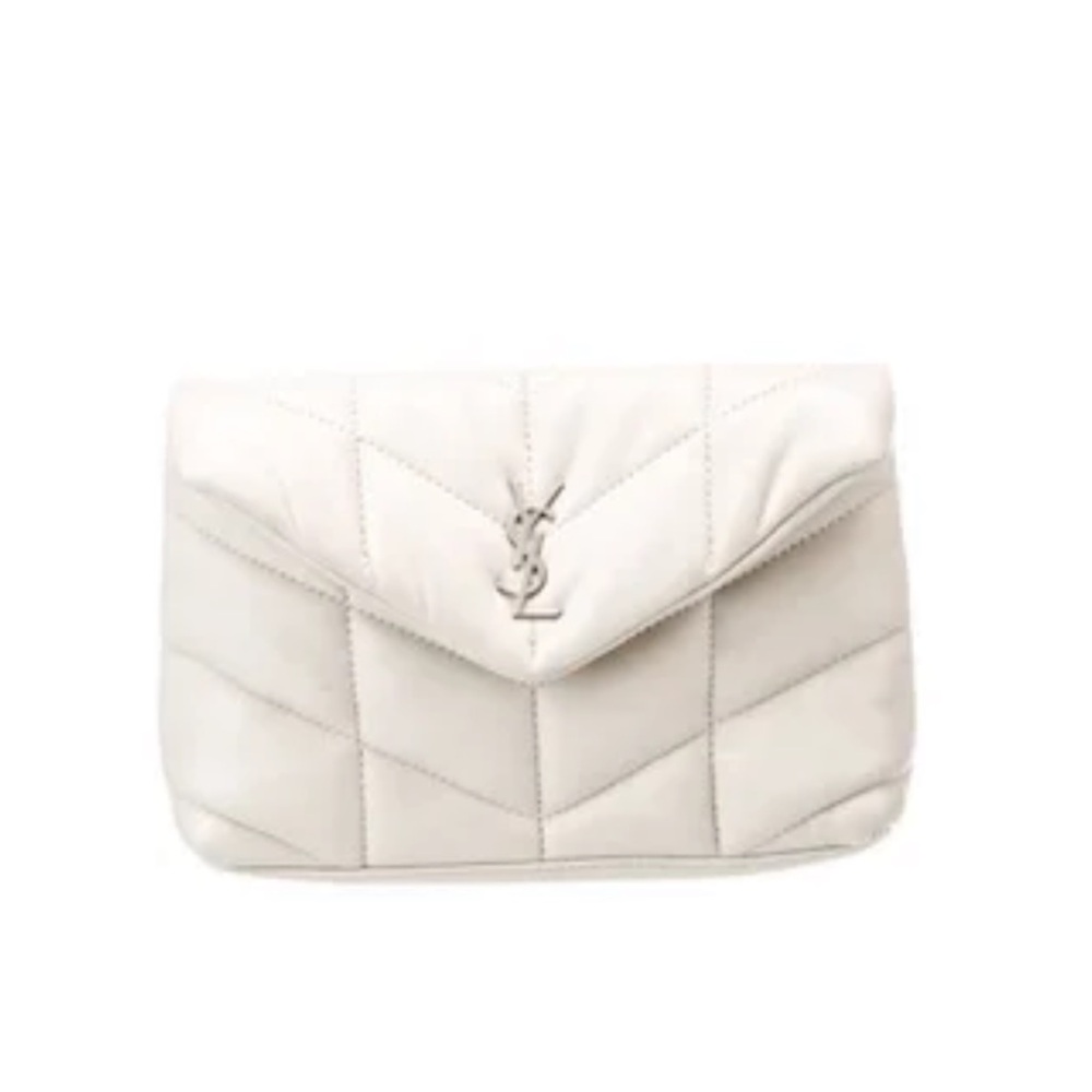 Saint Laurent White Quilted Chevron Envelope Clutch with YSL Hardware